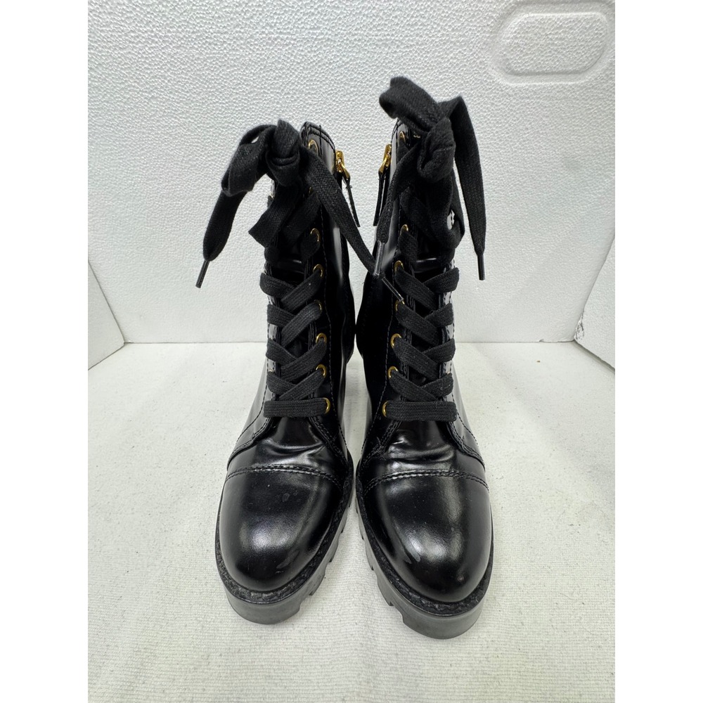 Uterque Lace Up Combat Boots Womens 37 Black Block Heel Lug Sole Zip - Picture 2 of 15